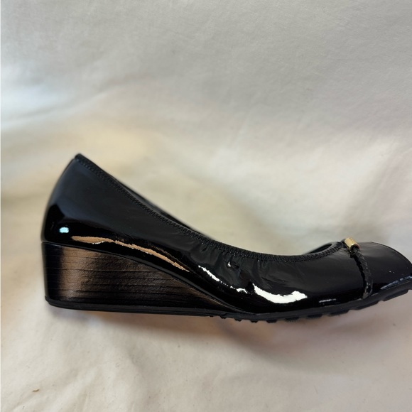 Cole Haan Black Patent Peep Toe Wedges - Picture 3 of 9
